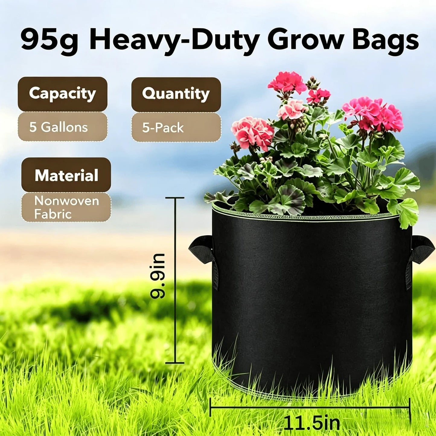 5-Pack 5 Gallon Grow Bags β Heavy Duty Breathable Fabric Pots for Vegetables, Flowers & Fruits