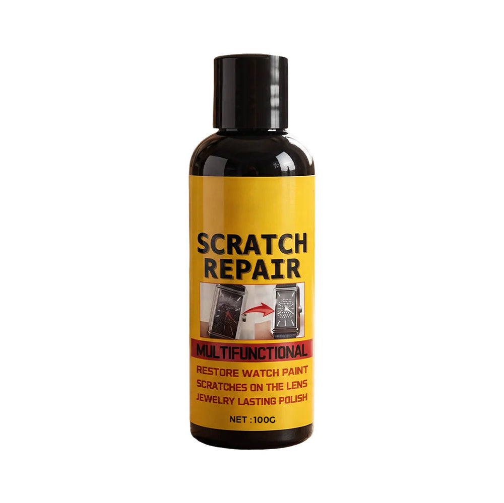 A bottle of Scratch Repair Multifunctional watch polish with a black cap and a yellow label, shown on a plain white background.