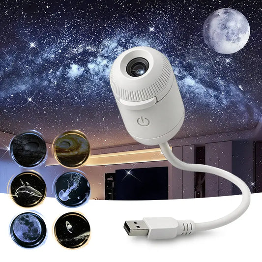 2-in-1 Starry Sky Projector Night Light – USB Portable LED Ceiling & Wall Lamp (6 Slides)