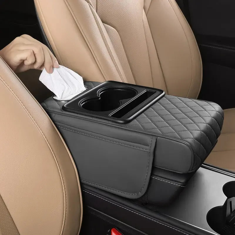Multifunctional PU Leather Car Armrest Cushion – Center Console Organizer with Cup Holder & Tissue Box