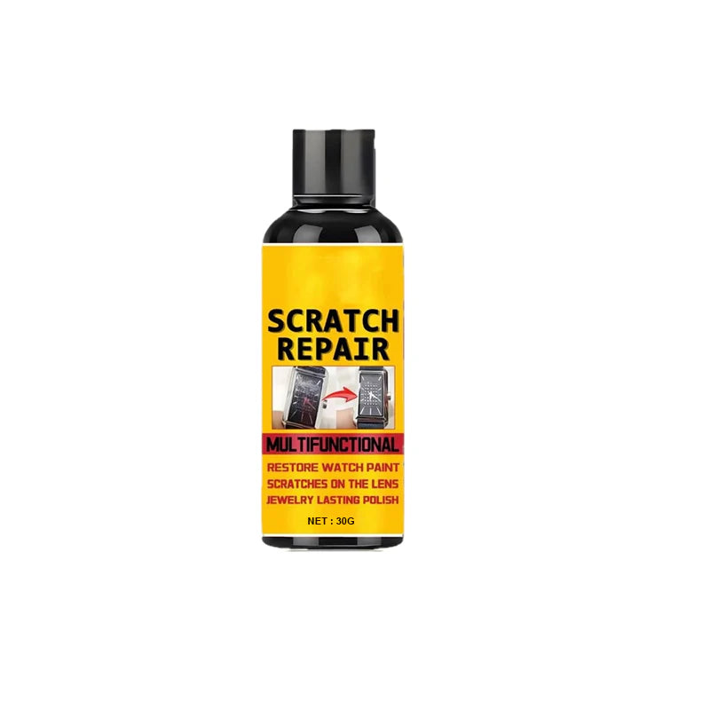 A black bottle of Scratch Repair multifunctional watch paint with a bright yellow label, shown against a plain white background.