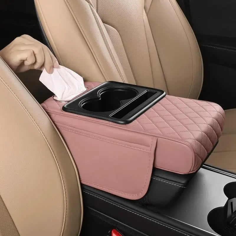 Multifunctional PU Leather Car Armrest Cushion – Center Console Organizer with Cup Holder & Tissue Box