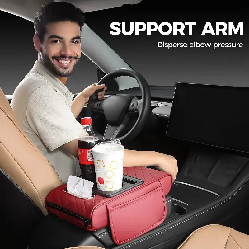 Multifunctional PU Leather Car Armrest Cushion – Center Console Organizer with Cup Holder & Tissue Box