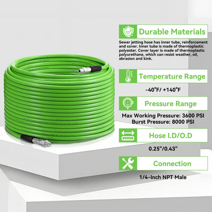 Pressure Washer Sewer Jetter Kit – 100FT Drain Cleaning Hose with Jetting Nozzles