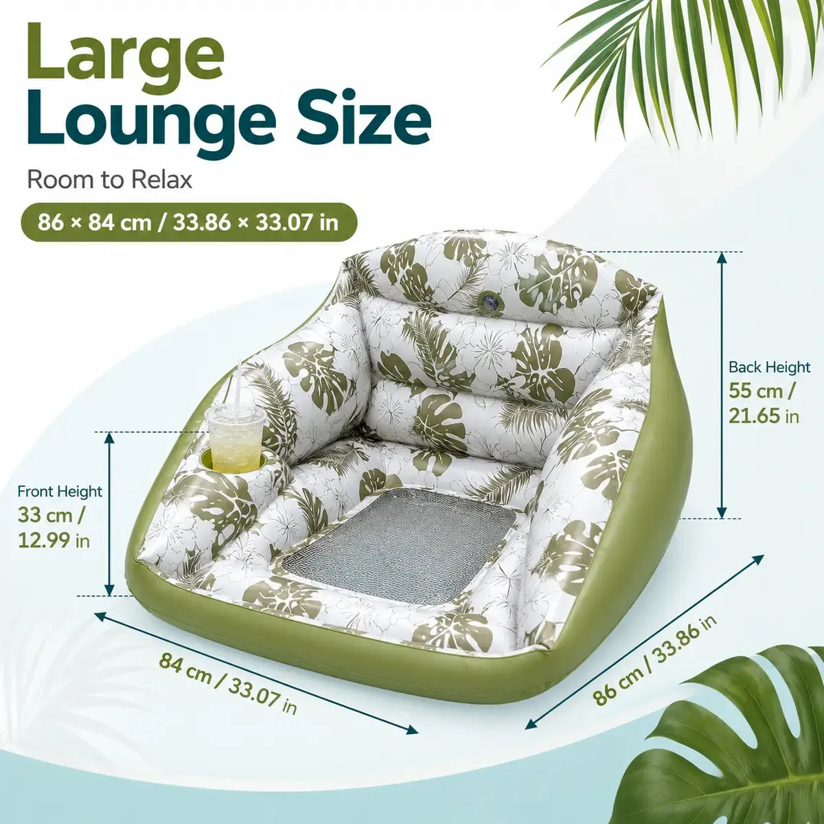 3-in-1 Inflatable Pool Lounge Chair with Cup Holder – Tropical Water Sofa Float for Adults