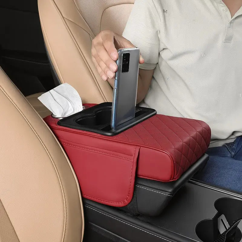 Multifunctional PU Leather Car Armrest Cushion – Center Console Organizer with Cup Holder & Tissue Box