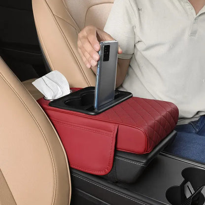 Multifunctional PU Leather Car Armrest Cushion – Center Console Organizer with Cup Holder & Tissue Box