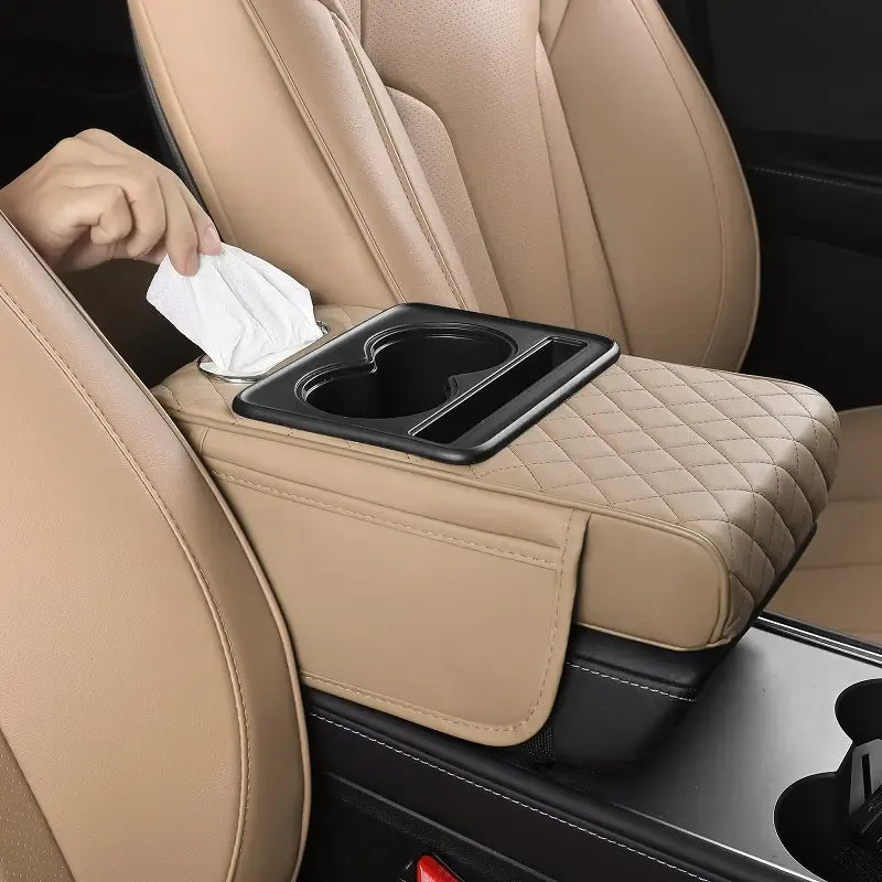Multifunctional PU Leather Car Armrest Cushion – Center Console Organizer with Cup Holder & Tissue Box