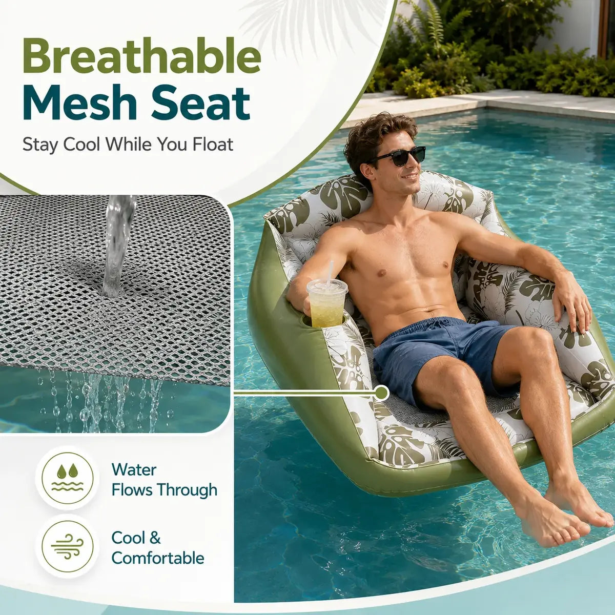 3-in-1 Inflatable Pool Lounge Chair with Cup Holder – Tropical Water Sofa Float for Adults