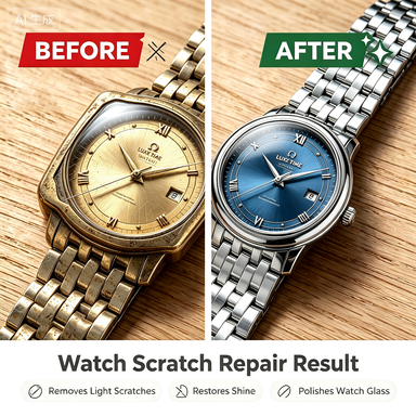 Before-and-after comparison of a wristwatch repair result, showing a gold-toned watch on the left labeled BEFORE and a silver-toned watch with a blue dial on the right labeled AFTER, on a wood surface with text reading 'Watch Scratch Repair Result' below.
