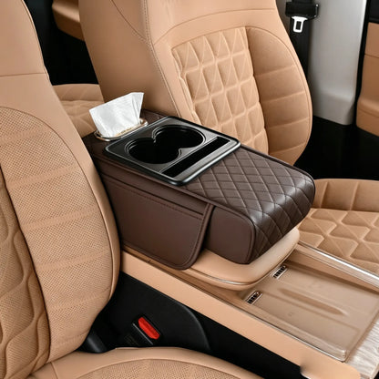 Multifunctional PU Leather Car Armrest Cushion – Center Console Organizer with Cup Holder & Tissue Box