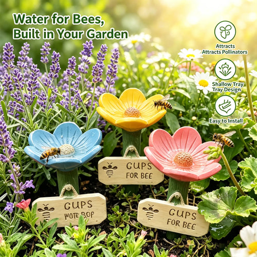 3PCS Flower Bee Water Station – Garden Pollinator Watering Cups with Decorative Stakes