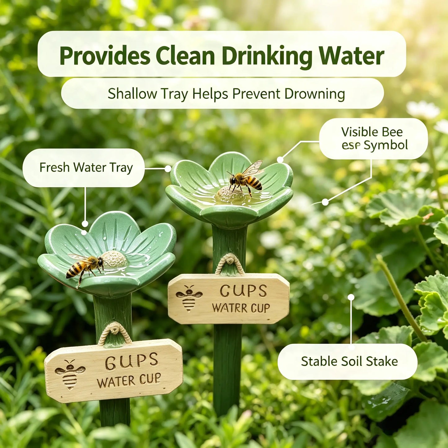3PCS Flower Bee Water Station – Garden Pollinator Watering Cups with Decorative Stakes