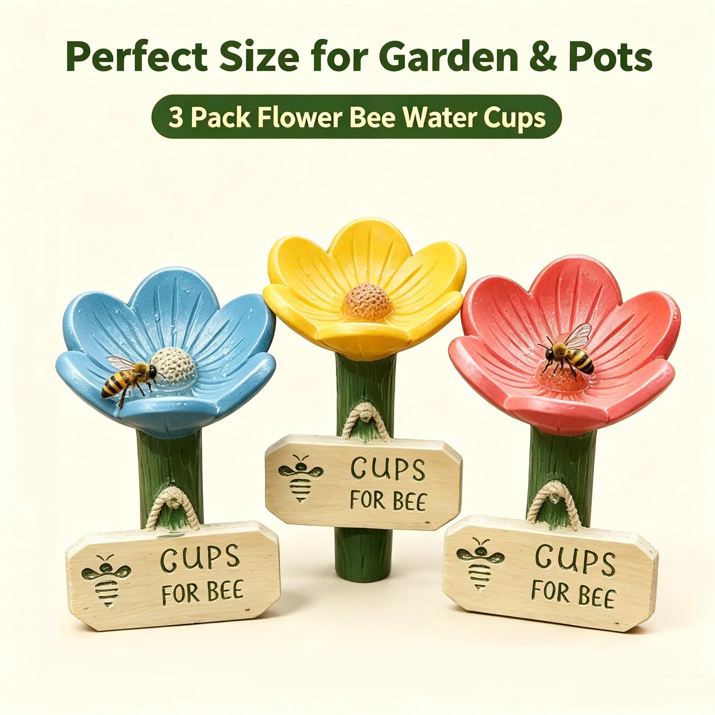 3PCS Flower Bee Water Station – Garden Pollinator Watering Cups with Decorative Stakes