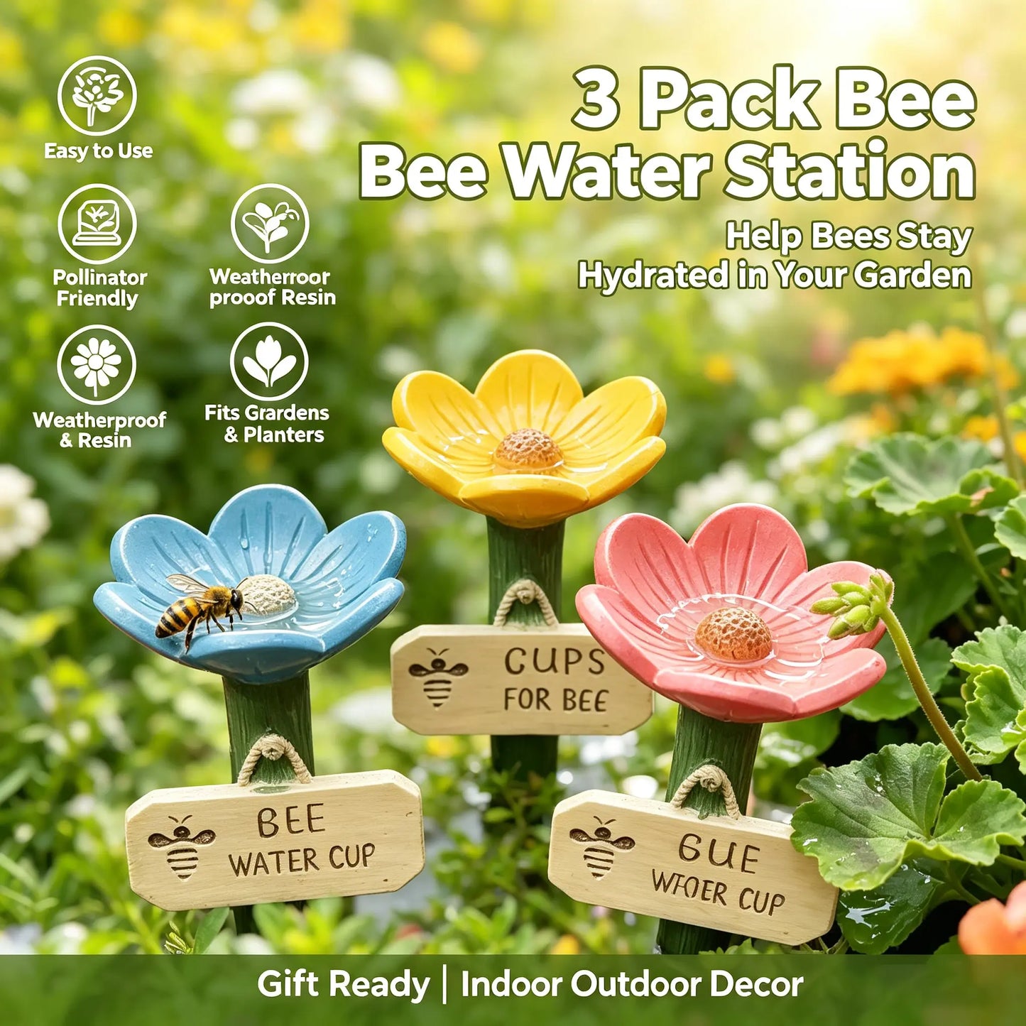 3PCS Flower Bee Water Station – Garden Pollinator Watering Cups with Decorative Stakes