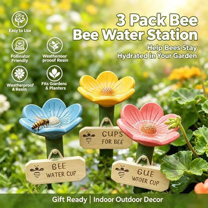 3PCS Flower Bee Water Station – Garden Pollinator Watering Cups with Decorative Stakes