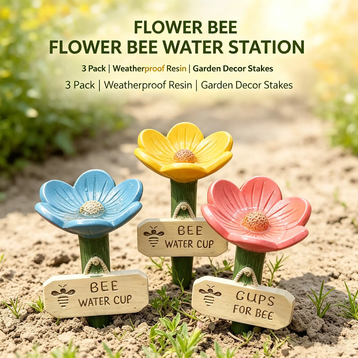 3PCS Flower Bee Water Station – Garden Pollinator Watering Cups with Decorative Stakes