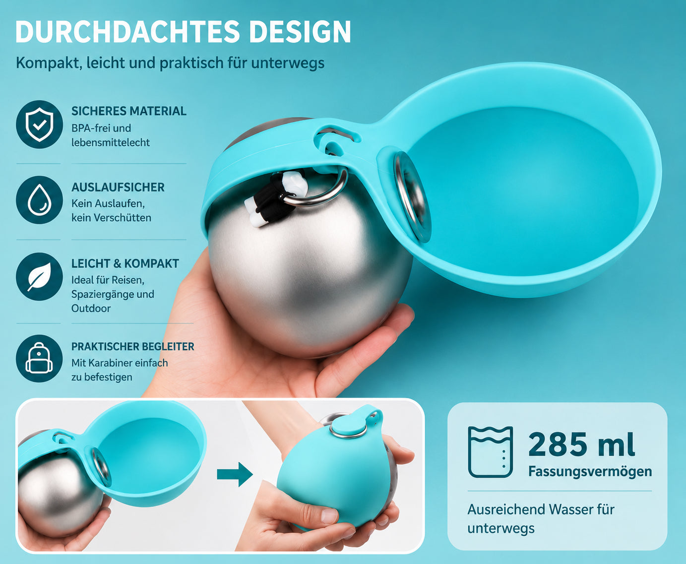Teal and silver product with features listed on a blue background