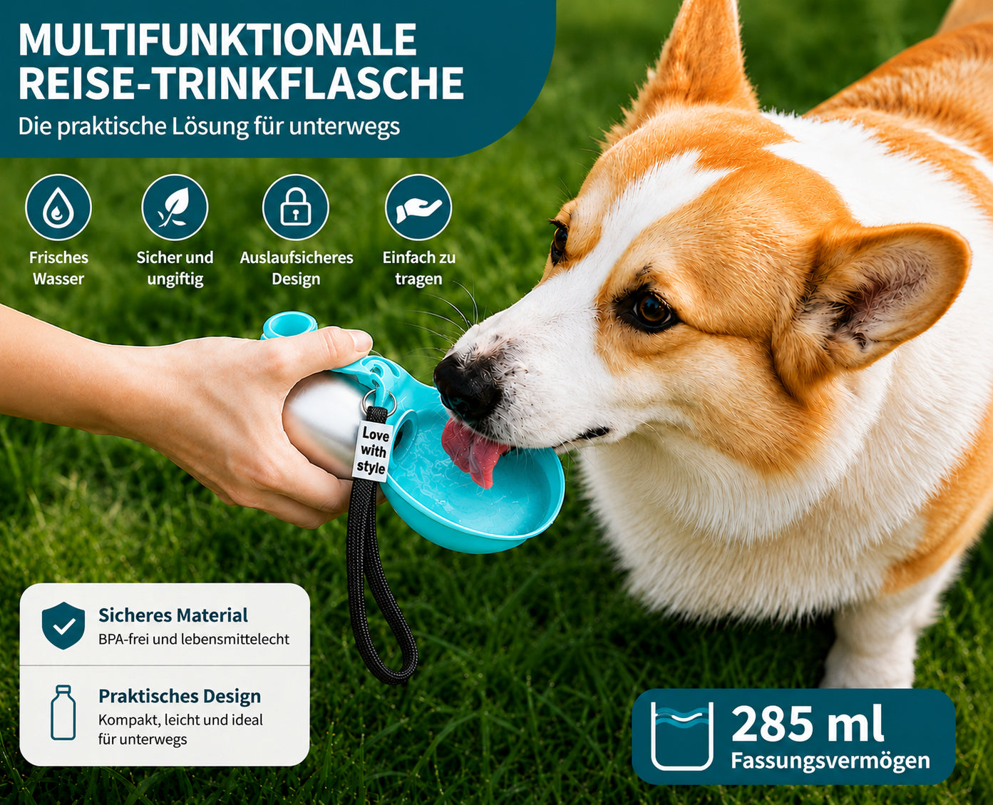 Dog drinking from a portable water bottle with text about its features on a green grass background