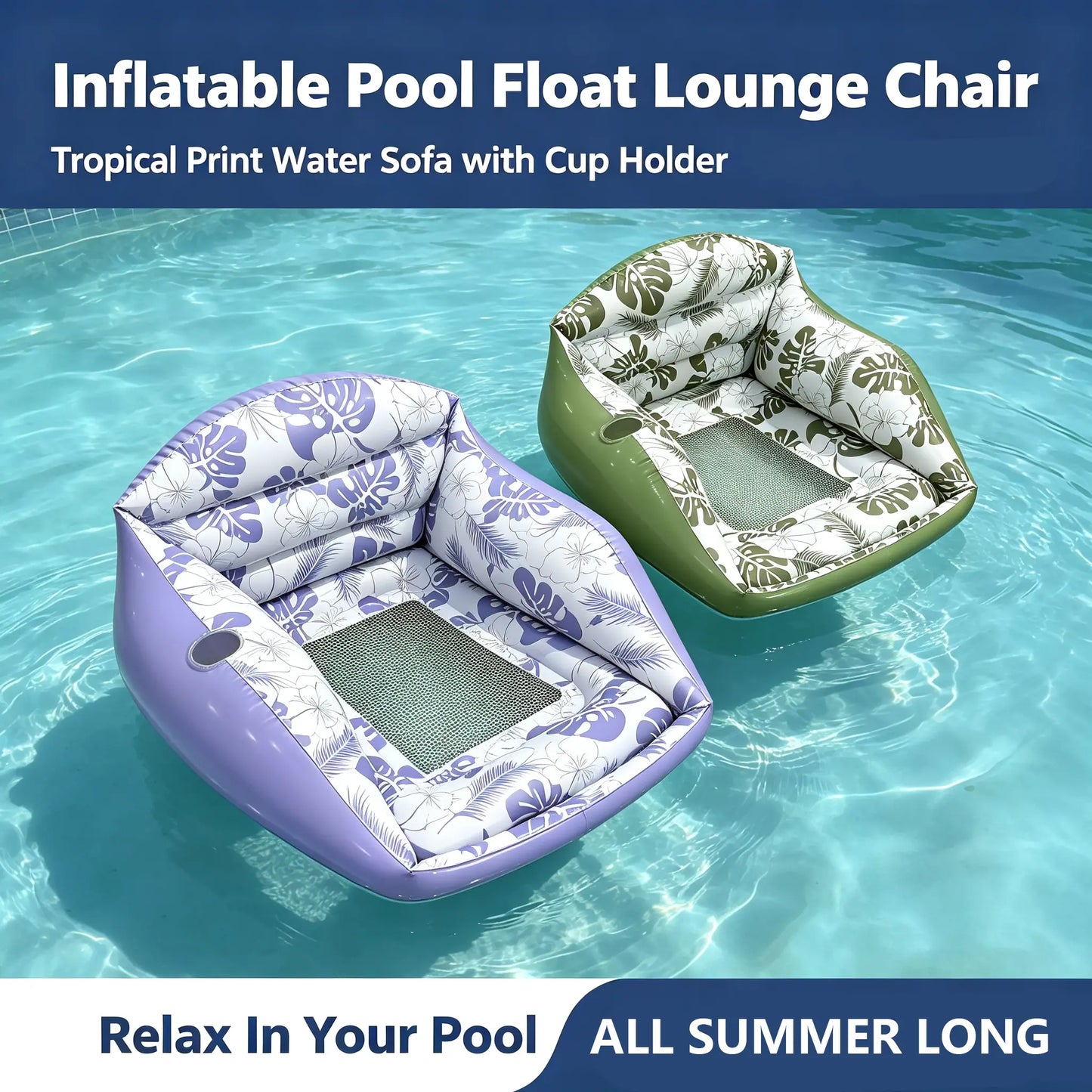 3-in-1 Inflatable Pool Lounge Chair with Cup Holder – Tropical Water Sofa Float for Adults