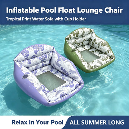 3-in-1 Inflatable Pool Lounge Chair with Cup Holder – Tropical Water Sofa Float for Adults