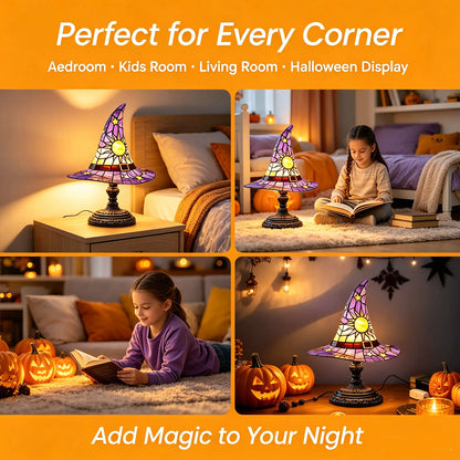 Spooky Witch Hat Stained Glass Night Light – Halloween Gothic Table Lamp