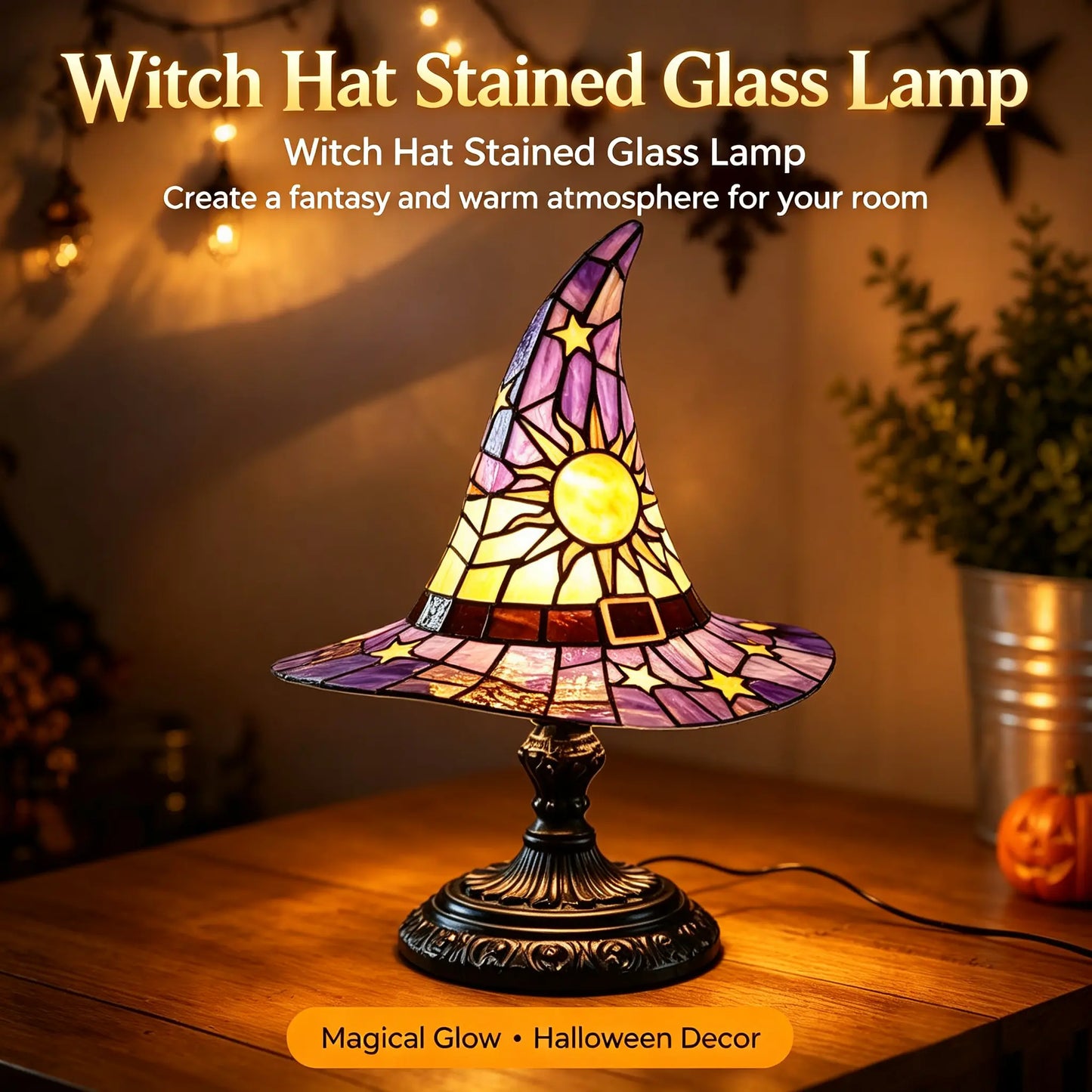 Spooky Witch Hat Stained Glass Night Light – Halloween Gothic Table Lamp