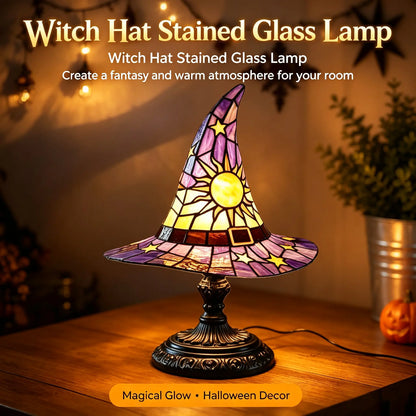 Spooky Witch Hat Stained Glass Night Light – Halloween Gothic Table Lamp