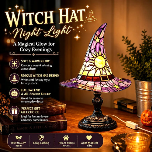 Spooky Witch Hat Stained Glass Night Light – Halloween Gothic Table Lamp