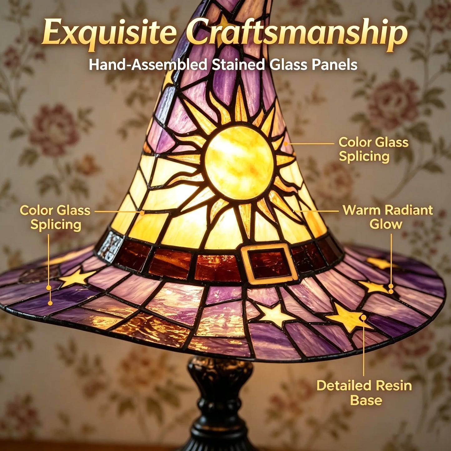 Spooky Witch Hat Stained Glass Night Light – Halloween Gothic Table Lamp