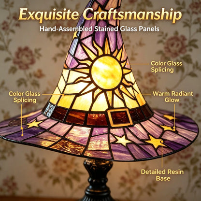 Spooky Witch Hat Stained Glass Night Light – Halloween Gothic Table Lamp