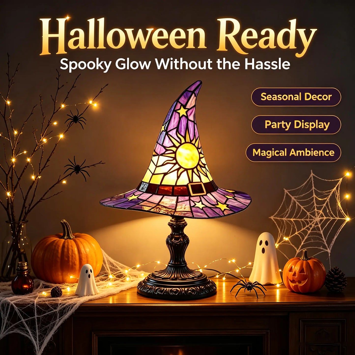 Spooky Witch Hat Stained Glass Night Light – Halloween Gothic Table Lamp
