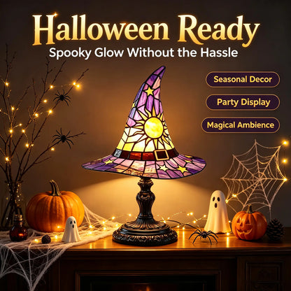 Spooky Witch Hat Stained Glass Night Light – Halloween Gothic Table Lamp