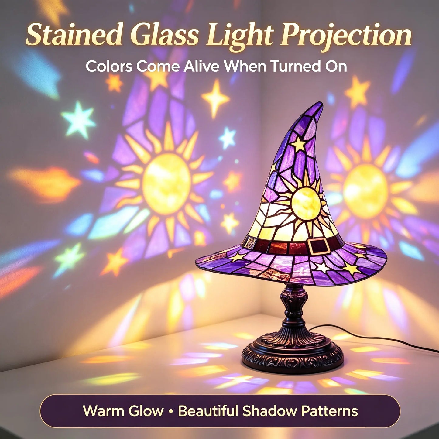 Spooky Witch Hat Stained Glass Night Light – Halloween Gothic Table Lamp