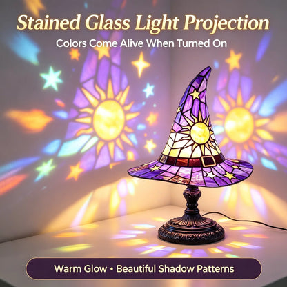 Spooky Witch Hat Stained Glass Night Light – Halloween Gothic Table Lamp