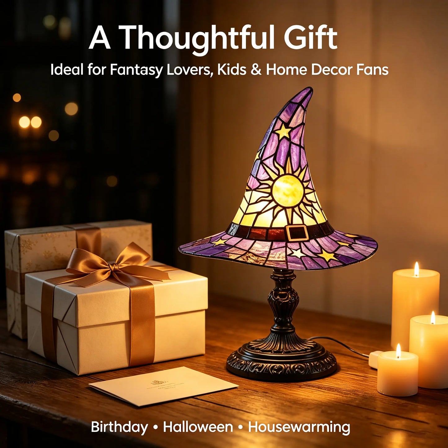 Spooky Witch Hat Stained Glass Night Light – Halloween Gothic Table Lamp
