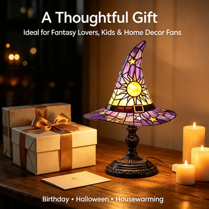 Spooky Witch Hat Stained Glass Night Light – Halloween Gothic Table Lamp