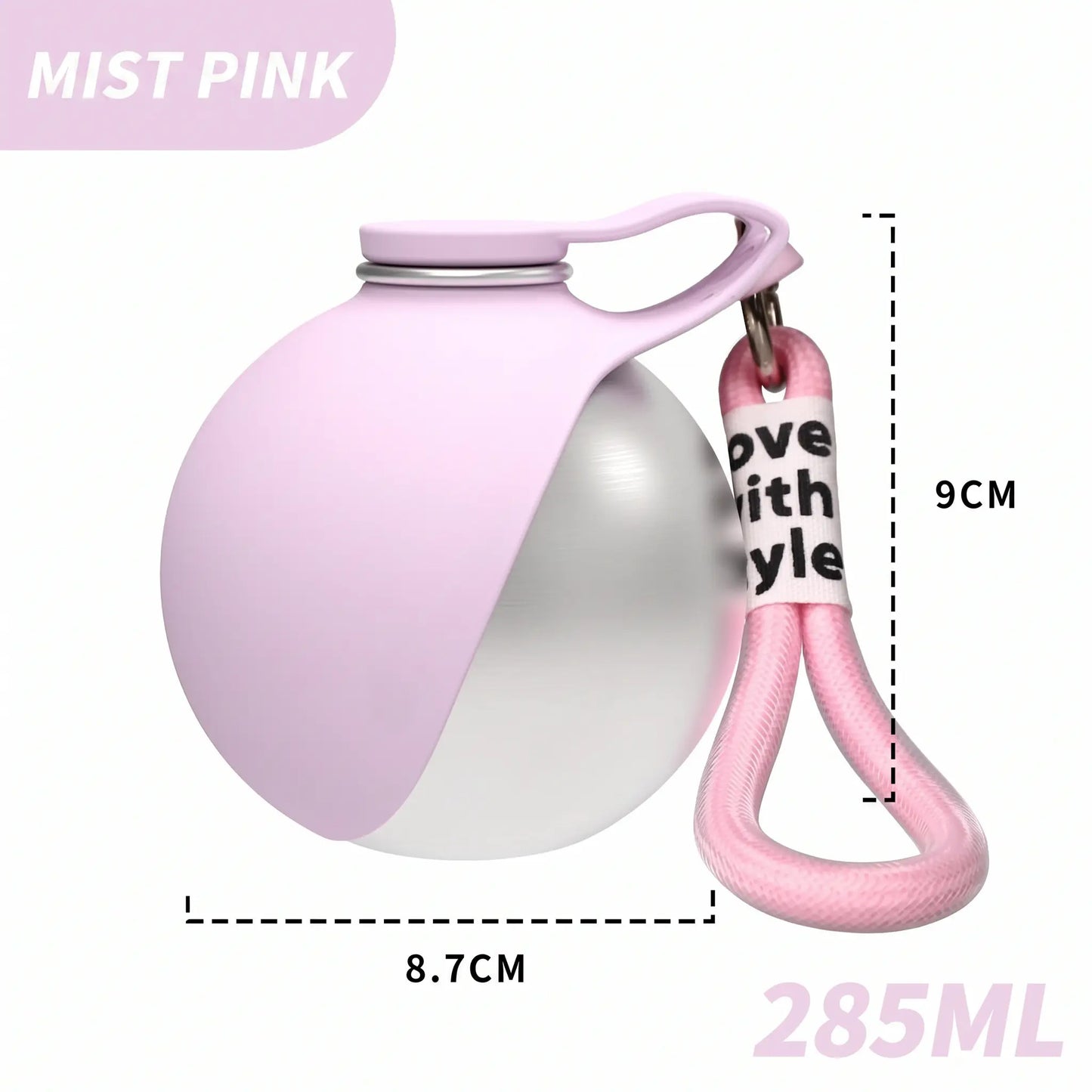 A pink and silver spherical water bottle with a carrying loop, shown on a white background with dimension labels (8.7CM, 9CM) and a 285ML capacity label.