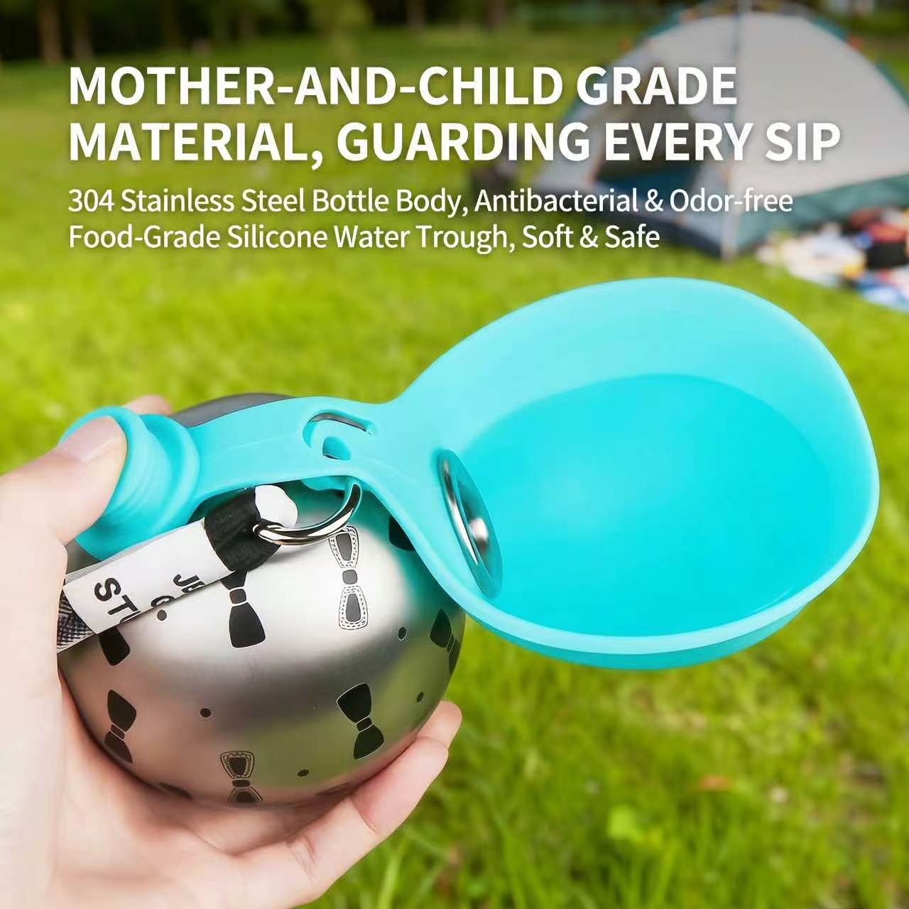 A hand holds a stainless steel water bottle with a turquoise silicone drinking cup attached, set against a blurred outdoor grassy background with promotional text at the top.