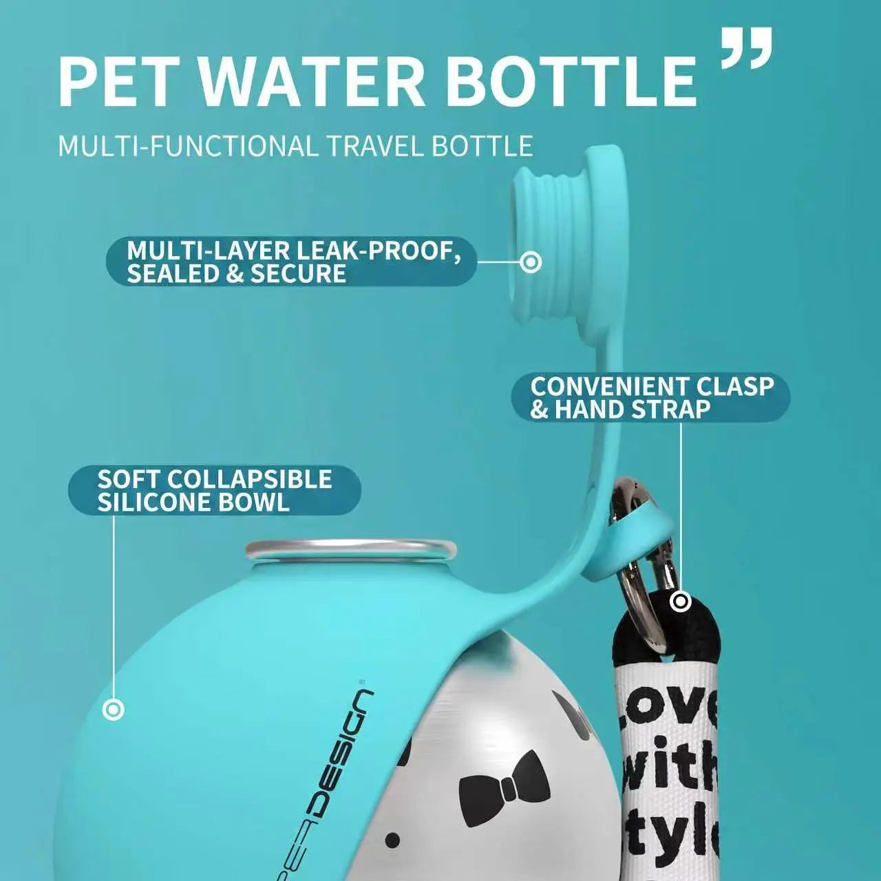 A turquoise and white pet water bottle with a collapsible silicone bowl, shown with callout labels highlighting features like a multi-layer leak-proof seal, convenient clasp and hand strap, and a soft collapsible silicone bowl on a teal background.