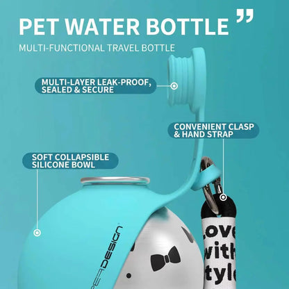 A turquoise and white pet water bottle with a collapsible silicone bowl, shown with callout labels highlighting features like a multi-layer leak-proof seal, convenient clasp and hand strap, and a soft collapsible silicone bowl on a teal background.