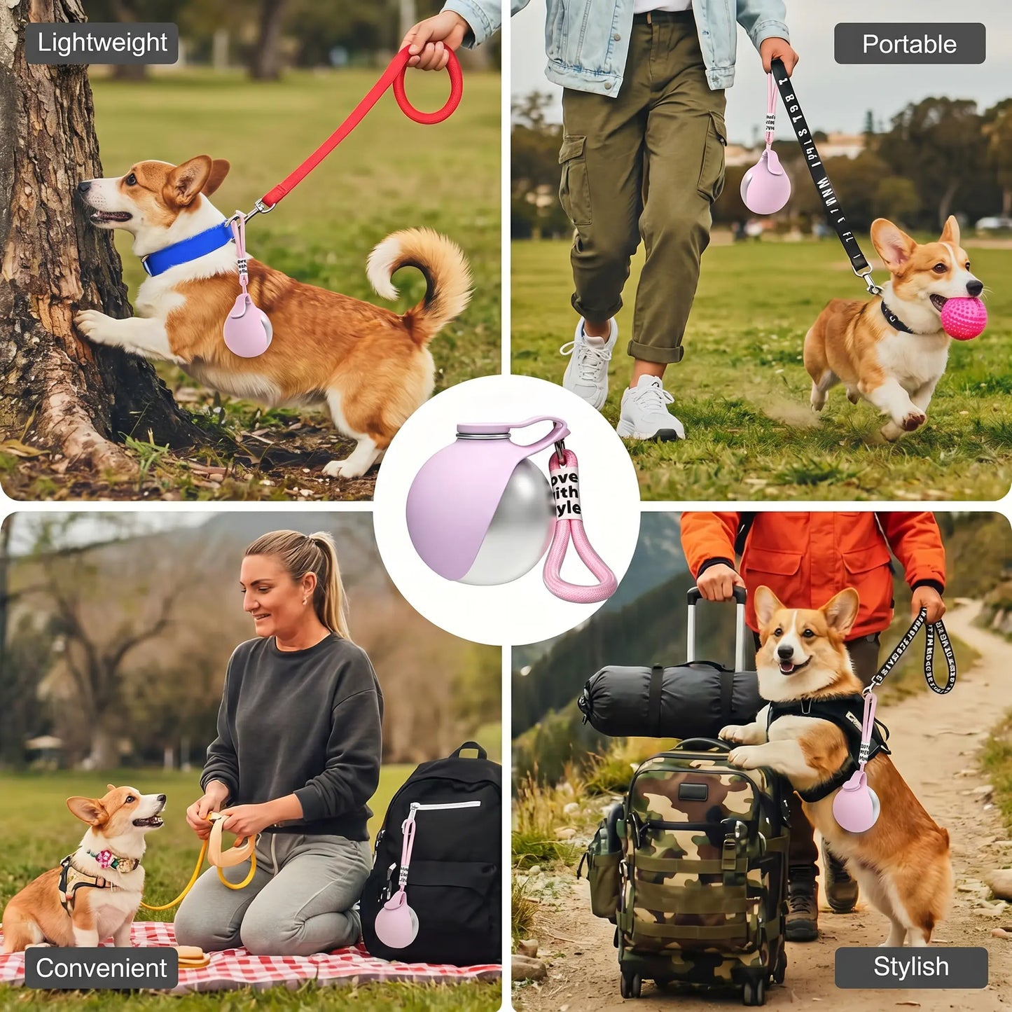 A collage showing a pet leash and matching ball accessory in use with multiple dogs and people outdoors, plus a central product shot of the leash and ball set. Text labels read Lightweight, Portable, Convenient, and Stylish.