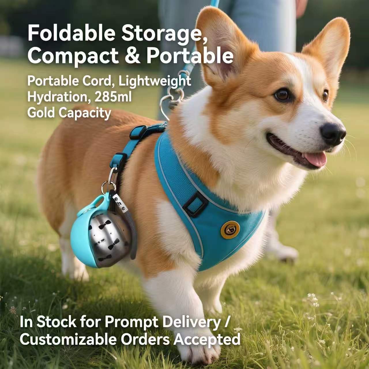 A corgi outdoors wearing a bright blue dog harness with attached accessories, including a small light blue bag and leash hardware. Large text overlays describe the product features and delivery status.