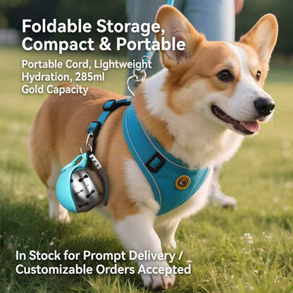A corgi outdoors wearing a bright blue dog harness with attached accessories, including a small light blue bag and leash hardware. Large text overlays describe the product features and delivery status.