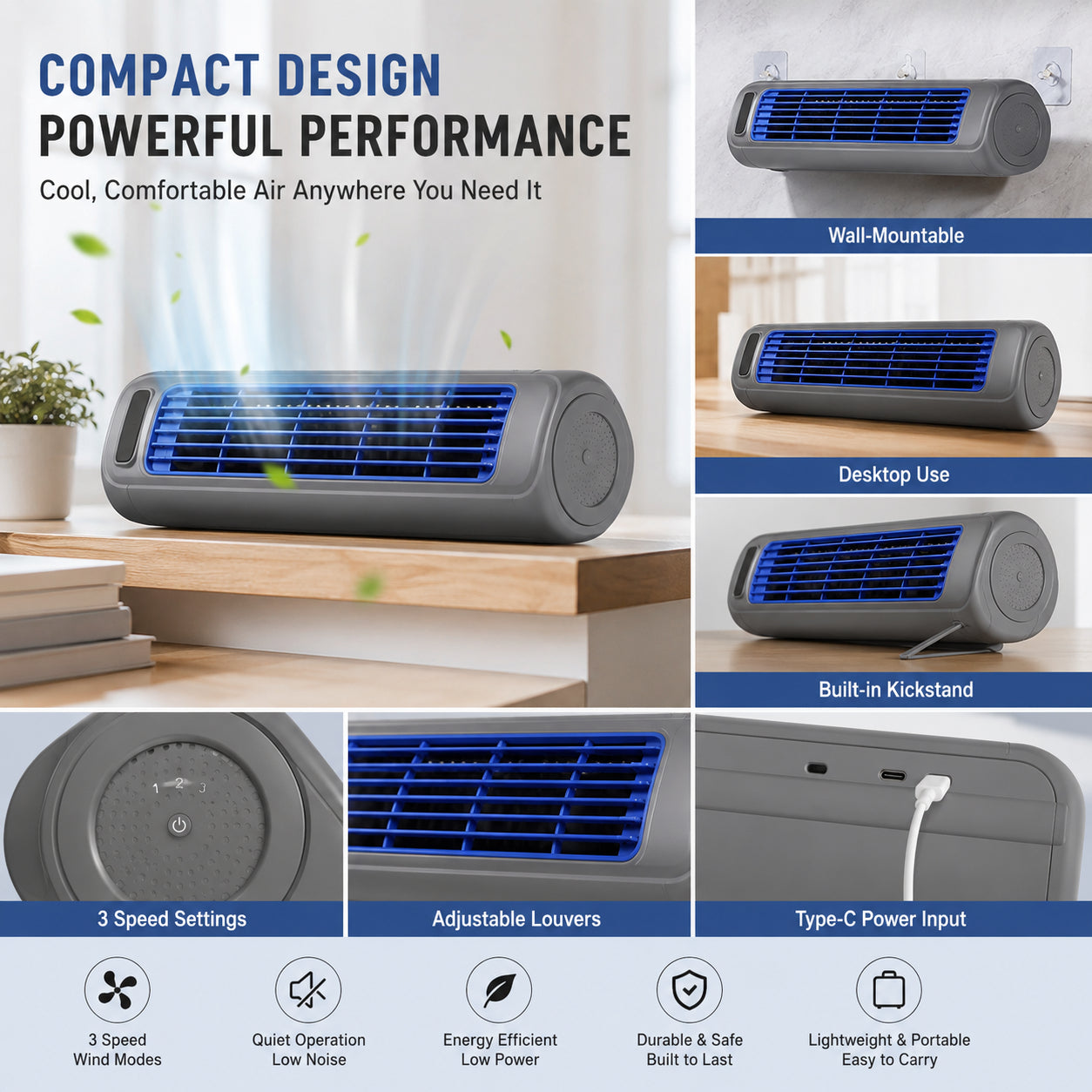 3-in-1 Portable Wireless Cooling Fan with Mist & Wireless Charging | Wall-Mounted Personal Air Cooler