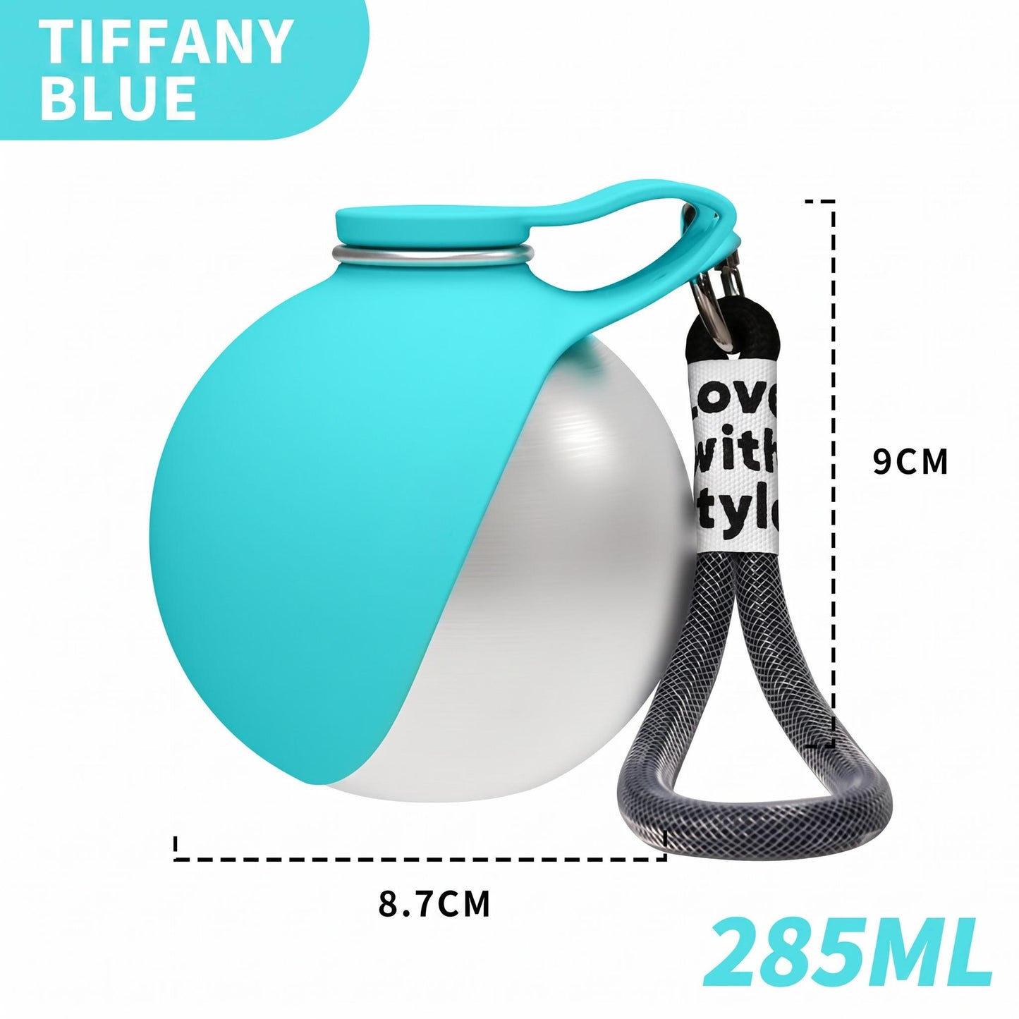 Teal and silver water bottle with measurement details on a white background