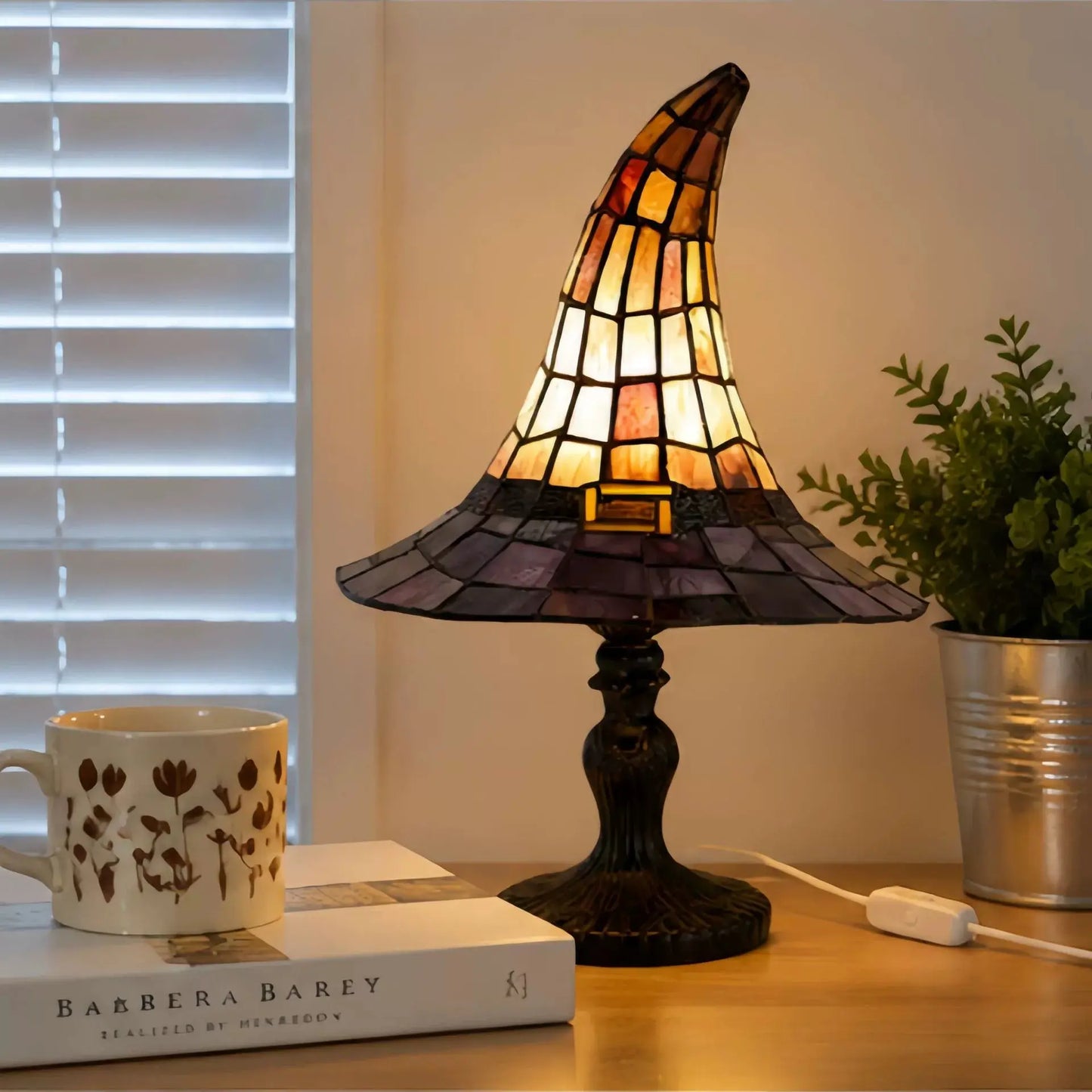 Spooky Witch Hat Stained Glass Night Light – Halloween Gothic Table Lamp