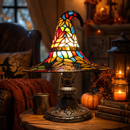 Spooky Witch Hat Stained Glass Night Light – Halloween Gothic Table Lamp