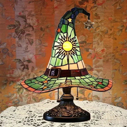 Spooky Witch Hat Stained Glass Night Light – Halloween Gothic Table Lamp