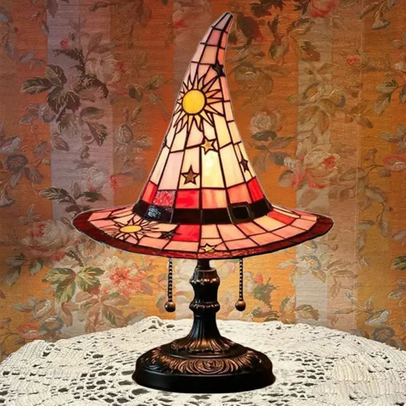 Spooky Witch Hat Stained Glass Night Light – Halloween Gothic Table Lamp
